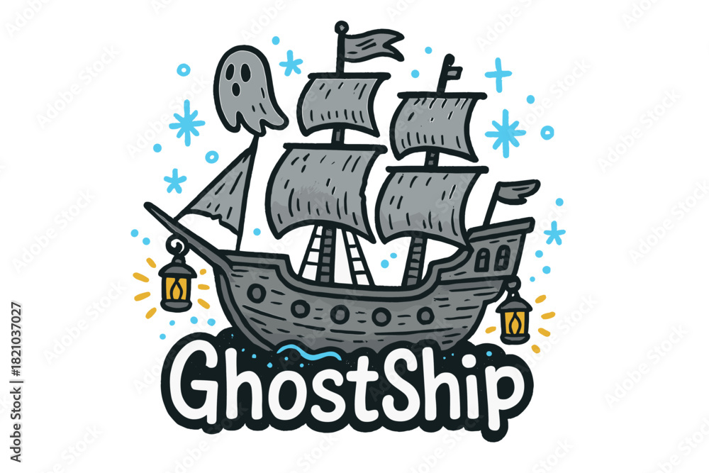 Fototapeta premium Colorful Ghost Ship. Colorful doodle ghost ship in gray and white with glowing lanterns, eerie blue sparkles, center word