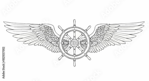 Detailed Illustration of a Nautical Steering Wheel with Wings Emblem.