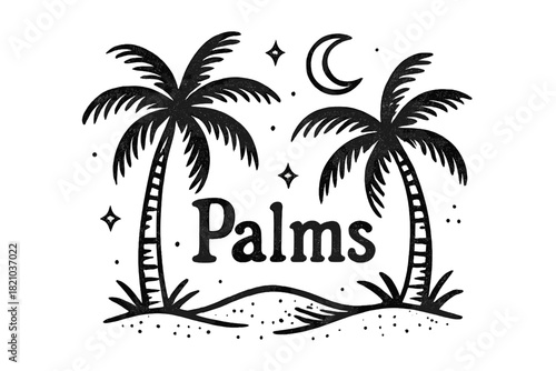 Palm Trees Art. Hand-drawn palm trees with moons, sand, and sparkles, center word “Palms” in black and white isolated transparent