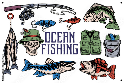 Vintage fishing tools and catch set collection illustration. Fisherman accessory and ocean fishing vintage style. Great outdoor marine fishing element retro vector illustration