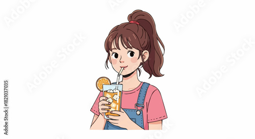 Cute anime girl with a high ponytail drinking a refreshing beverage.