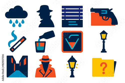 Noir Icon Set. Flat vector icons of Noir Detective Motifs: rain cloud, shadow silhouette, blind slats, revolver shadow, cigarette