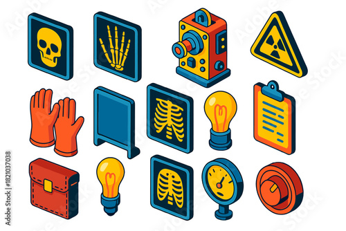 Vintage Radiology Icons. Isometric vector illustration set Vintage Radiology: X-ray film plate, hand bones scan, antique machine,