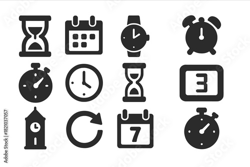 Time Icons Collection. Solid style icons of waiting and time perception: hourglass, calendar, wristwatch, alarm bell, timer, clock