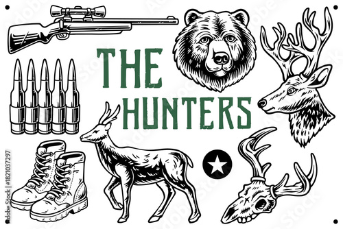 Hunter wildlife vintage retro illustration. Animals and forest adventure. Outdoor hunting animals retro vector illustration