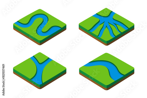 River Flow Illustration. Isometric vector illustration set River Flow Journey: Meandering midstream, river delta network,