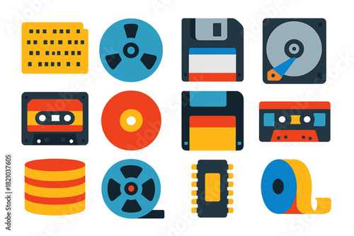 Data Storage Evolution Icons. Flat vector icons of Data Storage History: punch card, tape reel, floppy disk, hard drive platter,