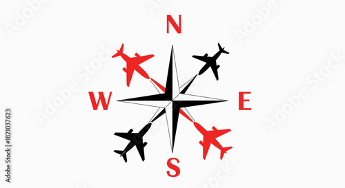 Compass rose with airplanes depicting different directions for travel and navigation