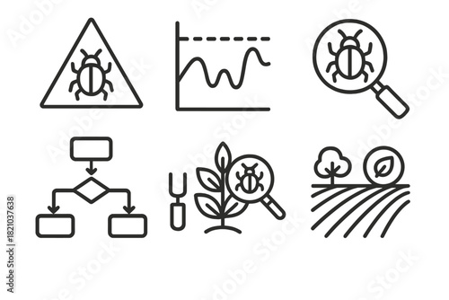 Integrated Pest Management Icons. Line style icons of Integrated Pest Management: IPM triangle, threshold level graph, scouting