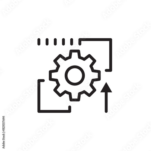 Industrial software updates icon. Features a gear in a focus box with an upgrade arrow. Represents system upgrades, process improvement, firmware patches, version control for factory and automation.