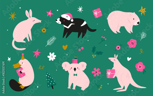 Set of Cute Christmas Australian Animals – Koala, Kangaroo, Platypus, Tasmanian Devil,  Macrotis & Wombat