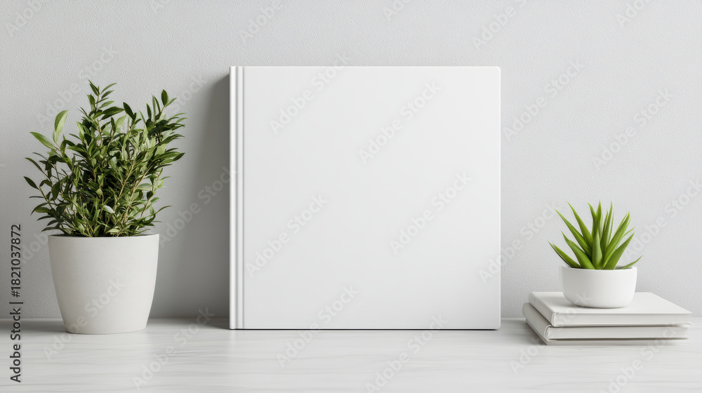 Fototapeta premium White hardcover book mockup on desk with potted plants and soft lighting