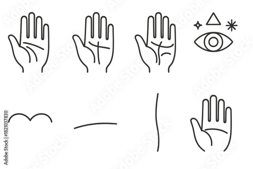 Chirology Line Icons. Line style icons of Chirology: Palm Creases, Life Line, Hand Mounts, Divination Symbols; Heart Line, Head