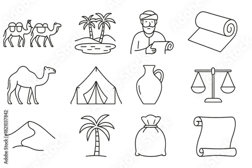 Silk Trade Icons. Line style icons of Silk Trade: Caravan, Desert Oasis, Merchant, Silk Roll; Camel, Tent, Water Jar, Scale; Sand
