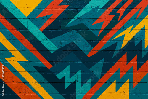 Vibrant Brick Patterns. Rustic brick wall painted with vibrant multicolored patterns, sharp textures creating a dynamic design,
