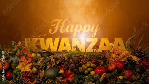 Glowing golden KWANZAA lettering sitting above cursive Happy on studio backdrop, with pumpkins