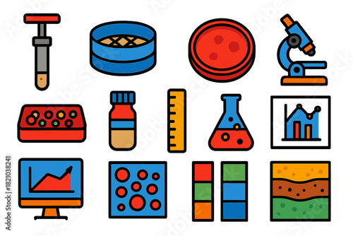 Sediment Analysis Icons. Flat vector icons of sediment sampling and analysis: sediment corer, sieve, petri dish, microscope,