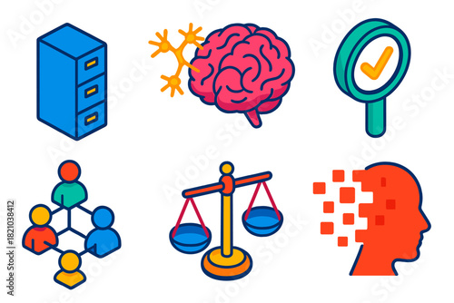 Memory Icon Set. Isometric vector illustration set Philosophy of memory: memory archives, brain neurons firing, authenticity check