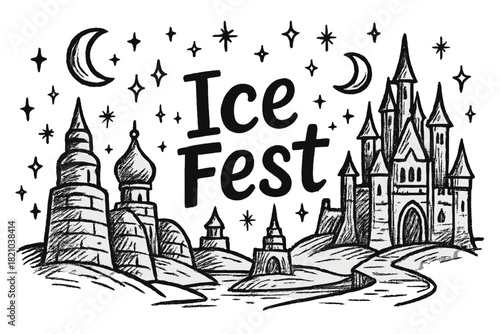 IceFest Lantern Festival. Hand-drawn ice lantern festival harbin with moons, castles, and sparkles, center word “IceFest” in black