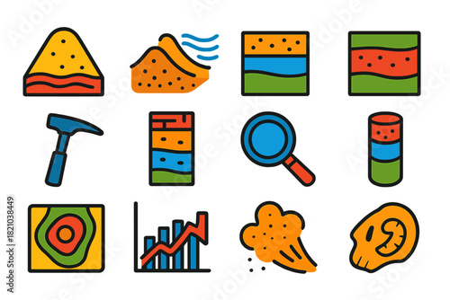 Paleoclimatology Icon Set. Flat vector icons of paleoclimatology concepts: loess deposit, wind-blown silt, sediment layer,