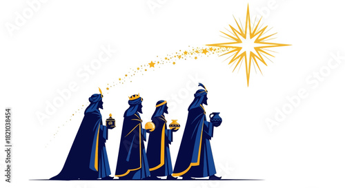 Three Wise Men Seeking Guidance from a Star on a Symbolic Journey of Faith and Hope