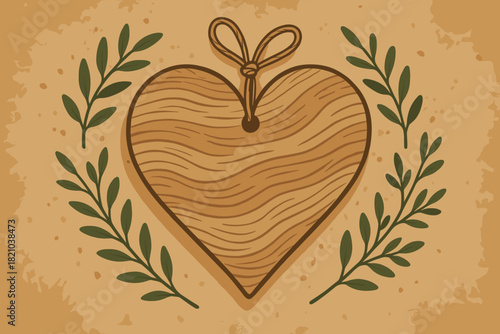 Rustic Heart Ornament. Rustic heart-shaped wooden ornament placed on a textured background with sprigs of greenery, warm and