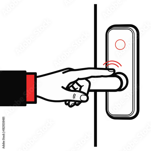 Smart door lock access control icon. Hand unlocking electronic door handle with wireless signal. Line art vector illustration