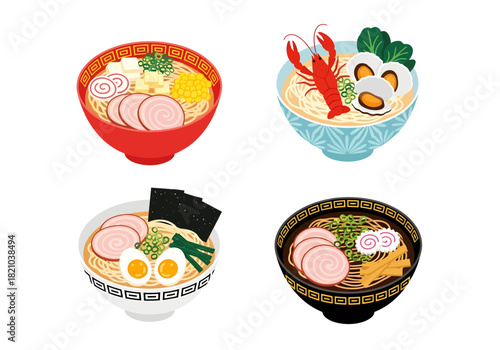 This colorful illustration showcases four distinct bowls of Japanese ramen featuring toppings like lobster, chashu pork, and soft-boiled eggs served in uniquely patterned ceramic vessels