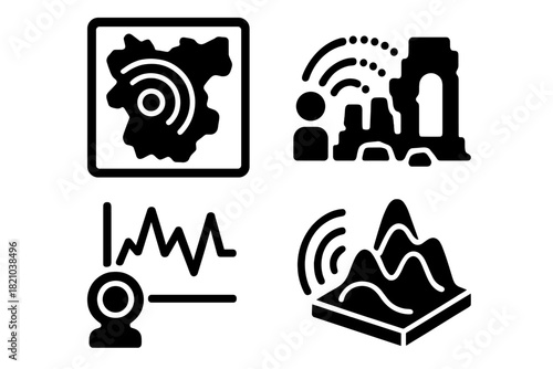 Archaeological Sound Icons. Solid style icons of archaeological sound experiments: sound maps, impulse response, resonance
