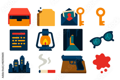 Noir Mystery Icons. Flat vector icons of Noir Discovery: secret drawer, dusty file, hidden photograph, rusty key, coded document,