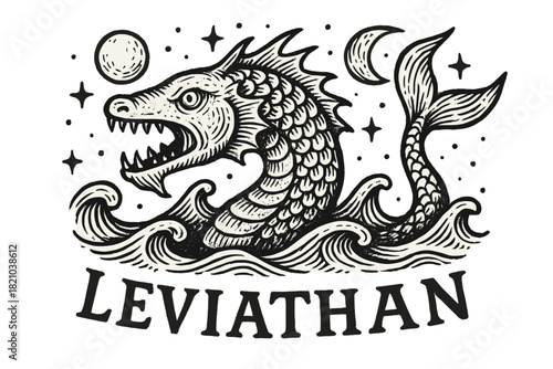 Leviathan and Moons. Hand-drawn leviathan with moons, waves, and sparkles, center word “Leviathan” in black and white isolated
