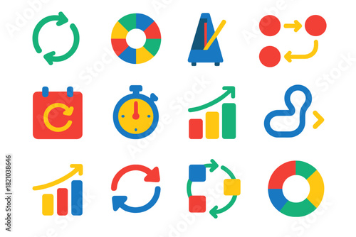 Repetitive Action Icons. Flat vector icons of repetitive action cycles: loop arrow, spinning wheel, metronome, checkmark sequence,
