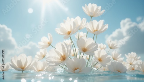 A group of white flowers floating in the water.