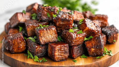 Smoked brisket burnt ends glistening caramelized cubes savory bite with fresh parsley