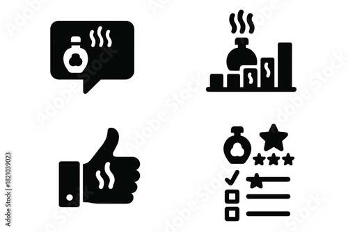 Scent Feedback Icons. Solid style icons of scent experience feedback: rating scent intensity, thumbs-up with fragrance, star