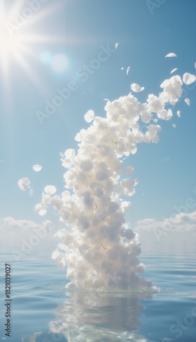 A cluster of white flowers floating in the air over a body of water.