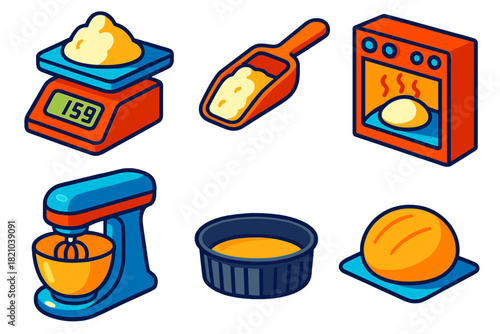 Baking Science Icons. Isometric vector illustration set Baking Science: measuring scale, flour scoop, rising dough, oven heat