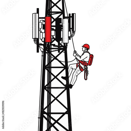 Technician climbing a telecommunication tower vector illustration. Worker with safety harness maintaining a cell tower antenna. Line art graphic for 5G network and mobile infrastructure concepts
