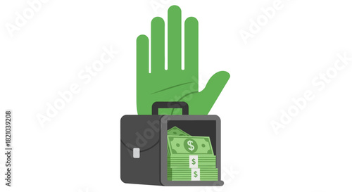 Greed and wealth: Illustration of a hand looming over a briefcase overflowing with money