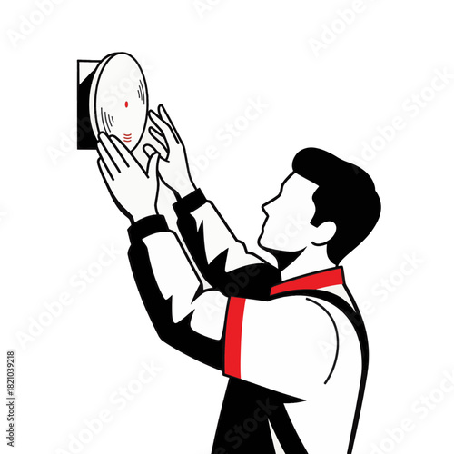 Technician installing a wireless access point or smoke detector. Minimalist vector illustration of a worker providing a security service