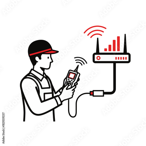 Technician measuring a wifi network signal with a meter. Line art illustration of an engineer testing a router. IT support and telecommunications vector concept