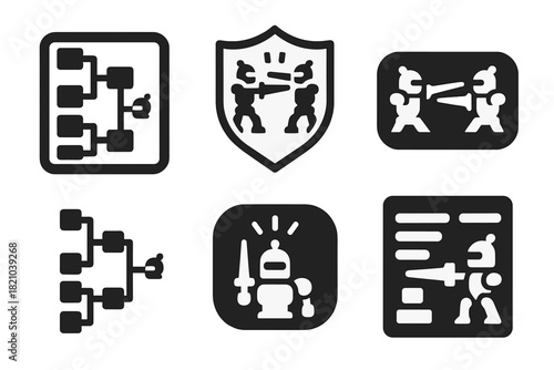 Robot Joust Icons. Solid style icons of robot joust tournament brackets: grid match icon, knockout ladder badge, champion ring