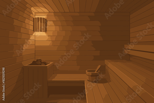 Minimalist Sauna Retreat. Minimalist wooden sauna interior with warm ambient vector illustration lighting and smooth textures,