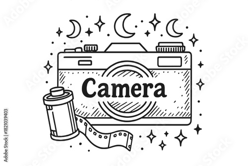 Celestial Camera Design. Hand-drawn camera with moons, sparkles, and film, center word “Camera” in black and white isolated