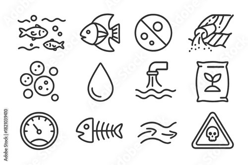 Oceanic Hypoxia Icons. Line style icons of Oceanic Hypoxia: Dead Zone, Fish Gill, Low Oxygen, Nutrient Runoff; Algae Cluster,