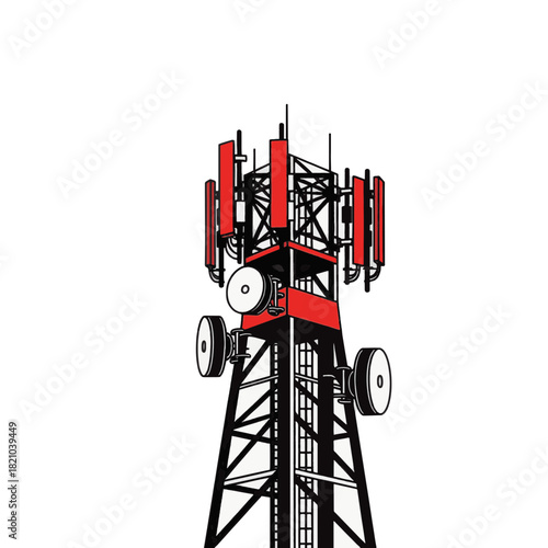 Graphic illustration of a telecommunication tower. Cell site with antennas for a mobile network. Wireless 5G communication technology vector icon.