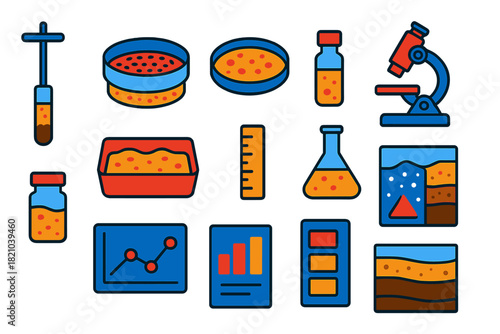 Sediment Analysis Icons. Flat vector icons of sediment sampling and analysis: sediment corer, sieve, petri dish, microscope,