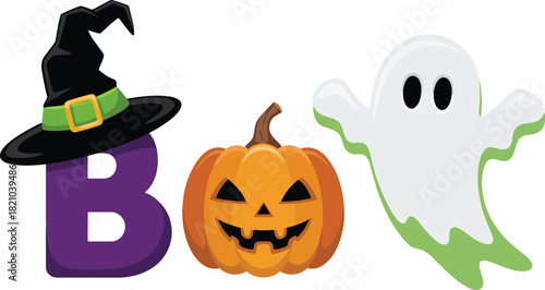 Halloween boo word with witch hat, pumpkin, and friendly ghost