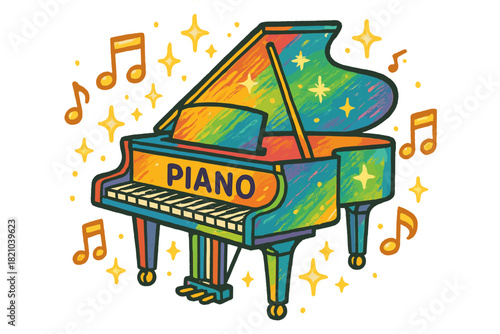 Vibrant Doodle Piano. Colorful doodle grand piano with black and white keys, golden notes, glowing sparkles, center word “Piano”,