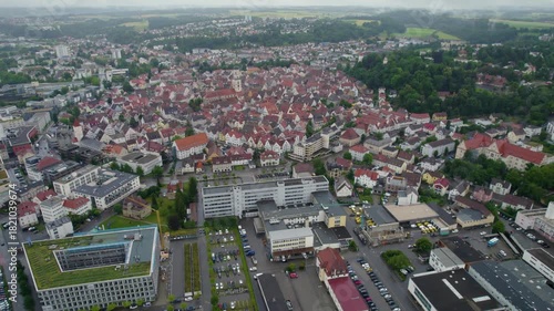 Aerial panoramic view around the old town of the city Kempten in Germany on a sunny spring noon